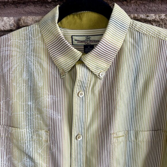 Tommy Bahama Gold 100% Silk Stripe Palm Tree Motif Long Sleeve Shirt Size L - Picture 11 of 13